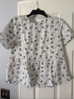 White Floral Short-Sleeve Peplum Blouse